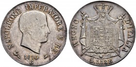 ITALIA 
 Bologna 
 Napoleone I, 1805-1815. 5 Lire 1810. 24.97 g. Pag. 49. Mont. 78. Minimi segnetti al D/, bella patina. Spl.