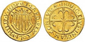 ITALIA 
 Cagliari 
 Filippo V. 1700-1718. Scudo d'oro 1702. 3.17 g. MIR 93/2. Fr. 145. qFDC.