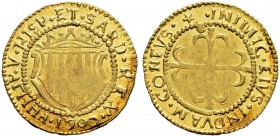 ITALIA 
 Cagliari 
 Filippo V. 1700-1718. Scudo d'oro 1702. 3.22 g. MIR 93/2. Fr. 145. Rara. Graffietti di conio al D/. BB+.