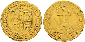 ITALIA 
 Ferrara 
 Alfonso I. d'Este, 1505-1534. Scudo d'oro. 3.32 g. MIR 269. Fr. 269. qBB-BB.