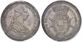 ITALIA 
 Firenze 
 Pietro Leopoldo di Lorena, 1765-1790. Mezzo francescone 1787. 13.70 g. MIR 387/2. Molto rara. In slab PCGS MS-62. qFdc/Fdc.