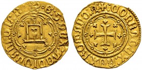 ITALIA 
 Genova 
 Galeazzo Maria Sforza, 1466-1476. Genovino. 3.44 g. MIR 114. Fr. 383. Rara. Limatura al margine del tondello. Con cartellino accom...