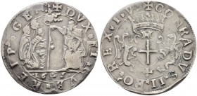 ITALIA 
 Genova 
 Dogi Biennali, 1528-1797. Ducatone 1605. 32.06 g. CNI manca. MIR 222/11 (ma indica una sola persona dietro al doge). Rarissima. BB...