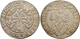 ITALIA 
 Genova 
 Dogi Biennali, 1528-1797. Scudo largo 1653. 37.56 g. CNI 8/9. MIR 292/4. Molto rara. Bell'esemplare con delicata patina. BB+.