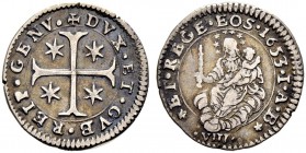 ITALIA 
 Genova 
 Dogi Biennali, 1528-1797. 1/16 Scudo 1653. 2.13 g. CNI III,370,19. Piccoli colpetti al bordo. BB.