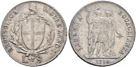ITALIA 
 Genova 
 Repubblica Liguria, 1798-1805. 8 Lire 1798 AN I. 33.20 g. MIR 379/1. Dav. 1371. Rara. BB/Spl