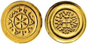 ITALIA 
 Lucca 
 Anonime longobarde (757-773). Tremisse. 1.44 g. Bellesia 2/D (questo esemplare). Fr. 477. Molto raro. Moneta molto rara ma ancora p...