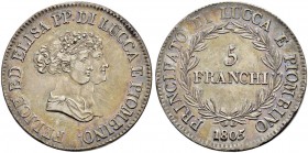 ITALIA 
 Lucca 
 Elisa Bonaparte e Felice Baciocchi, 1805-1814. 5 Franchi 1805, Firenze. 24.96 g. Pag. 251. Dav. 203. Bella patina. BB-Spl.