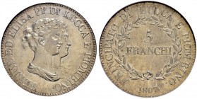 ITALIA 
 Lucca 
 Elisa Bonaparte e Felice Baciocchi, 1805-1814. 5 Franchi 1807. Pag. 253. Dav. 203. In slab NGC MS 62. Spl/qFdc.
