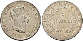 ITALIA 
 Lucca 
 Elisa Bonaparte e Felice Baciocchi, 1805-1814. 5 Franchi 1807. 24.90 g. Pag. 253. Mont. 457. Spl+.