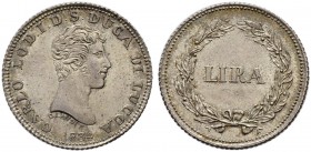 ITALIA 
 Lucca 
 Carlo Ludovico di Borbone, 1824-1847. Lira 1834. 4.98 g. CNI 14. MIR 257. Conservazione eccezionale. Fdc.