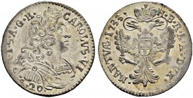 ITALIA 
 Mantova 
 Carlo VI, 1711-1740. 20 Soldi 1733. 3.87 g. MIR 752/3. CNI 20/23. Esemplare di conservazione eccezionale, specie per questo tipo ...
