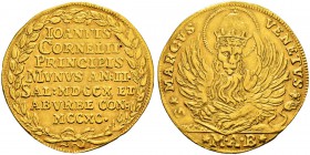 ITALIA 
 Venezia 
 Giovanni Corner II, 1709-1722. Osella in oro da quattro zecchini 1710 AN II. 13.72 g. Montenegro 2376. Paolucci 363. BB-Spl.