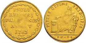ITALIA 
 Venezia 
 Paolo Renier, 1779-1789. Osella in oro da quattro zecchini 1783 AN V. 13.88 g. Paolucci 488. Estremamente raro. Spl.