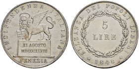 ITALIA 
 Venezia 
 Governo Provvisorio, 1848-1849. 5 Lire 1848. 24.94 g. Paolucci 1108. Dav. 208. Minimi colpetti. qSpl.