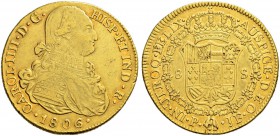 KOLUMBIEN 
 Carlos IV. 1788-1808. 8 Escudos 1806, Popayan. Assayer JF. 26.86 g. C.T. 79. Fr. 52. Sehr schön-gutes sehr schön.