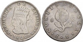 KOLUMBIEN 
 Republik Kolumbien, 1820-1837. 8 Reales 1820. Assayer JF. 23.42 g. KM C6. Sehr schön.