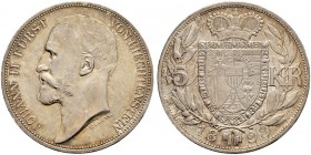 LIECHTENSTEIN 
 Johann II. 1858-1929. 5 Kronen 1898, Wien. Probe (Essai) in Silber. Mit Randschrift. 25.06 g. HMZ 2-1376 a. Sehr selten. Vorzüglich-F...