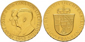 LIECHTENSTEIN 
 Franz Josef II. 1938-1989. 100 Franken 1952. 32.28 g. Divo 131. HMZ 2-1385a. Fast FDC.