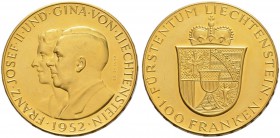 LIECHTENSTEIN 
 Franz Josef II. 1938-1989. 100 Franken 1952. 32.27 g. Divo 131. HMZ 2-1385a. Fr. 19. Fast FDC.