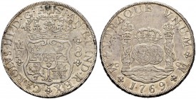 MEXIKO 
 Carlos III. 1759-1788. 8 Reales 1769, Mexiko. Assayer MF. 26.94 g. C.T. 828. KM 105. Fast vorzüglich.