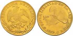MEXIKO 
 Republik. 8 Escudos 1867, C-CE Culican. 27.03 g. Fr. 66. Partielle Prägeschwäche. Vorzüglich-gutes vorzüglich.