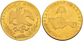 MEXIKO 
 Republik. 8 Escudos 1870, Go-F Guanajuato. 27.11 g. Fr. 72. Partielle Prägeschwäche. Fast FDC.