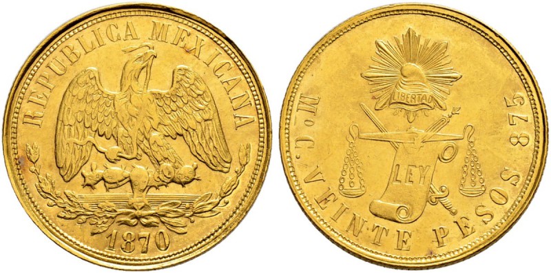 MEXIKO 
 Republik. 20 Pesos 1870, Mo-C Mexiko. 33.83 g. Fr. 119. Vorzüglich.