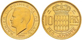 MONACO 
 Rainier III. 1949-2005. 10 Francs 1950. Piefort. 10.50 g. Gadoury 123. Schl. 30. Fast FDC.