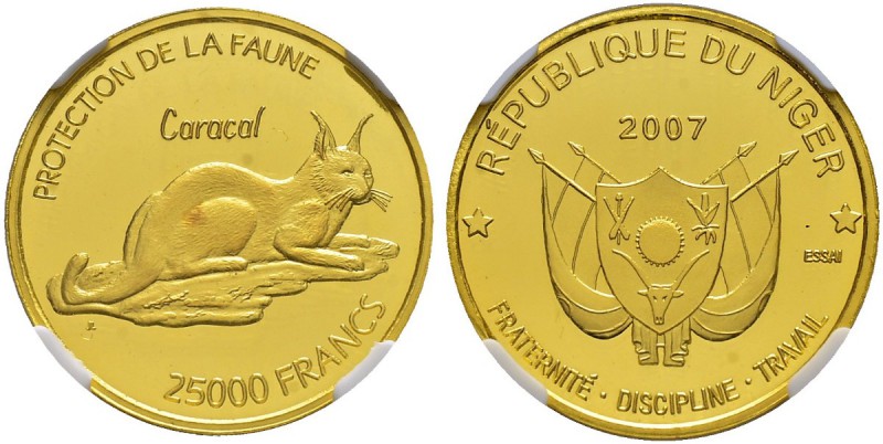 NIGER 
 Republik1960- 
 Probe-25000 Francs 2007. Luchs. 7,78 g Feingold. KM -....