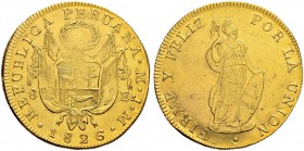 PERU 
 Republik. 8 Escudos 1826, Lima. Assayer MJM. 27.06 g. Fr. 62. Prägeschwäche. Fast vorzüglich-vorzüglich.