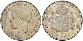 PHILIPPINEN 
 Alfonso XIII. 1886-1931. 1 Peso 1897. Mmz. SGV. 25.13 g. C. T. 79. Vorzüglich-FDC.