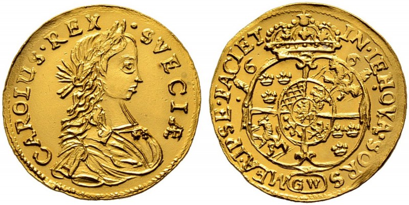 SCHWEDEN 
 Karl XI. 1660-1697. Dukat 1662, Stockholm. 3.45 g. SM 2. Hagander 22...
