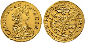 SCHWEDEN 
 Karl XI. 1660-1697. Dukat 1662, Stockholm. 3.45 g. SM 2. Hagander 228. Fr. 40. Von grosser Seltenheit. Oberflächen leicht korrodiert. Vorz...