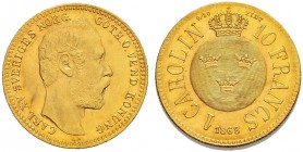 SCHWEDEN 
 Karl XV. 1859-1872. Carolin - 10 Francs 1868, Stockholm. 3.22 g. SM 10. Schl. 100. Fr. 92. Fast FDC.