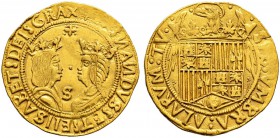 SPANIEN 
 Königreich 
 Fernando V. e Isabel I. 1476-1516. 2 Excellentes o. J., Sevilla. 6.89 g. C.T. 59 var. Fr. 129. Fast vorzüglich.
