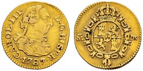 SPANIEN 
 Königreich 
 Carlos III. 1759-1788. 1/2 Escudo 1787, Madrid. Mmz. MDV. 1.74 g. Cayon 12199. Fr. 290. Sehr schön.