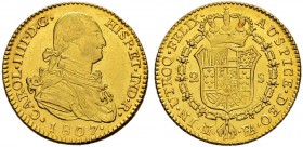 SPANIEN 
 Königreich 
 Carlos IV. 1788-1808. 2 Escudos 1807, Madrid. Mmz. FA. 6.62 g. C.T. 287. Fr. 294. Vorzüglich.