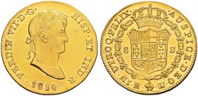 SPANIEN 
 Königreich 
 Fernando VII. 1808-1833. 8 Escudos 1814, Madrid. Mmz. GJ. 27.04 g. Calico 1233. C.T. 4. Fr. 311. Selten in dieser Erhaltung. ...