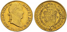 SPANIEN 
 Königreich 
 Fernando VII. 1808-1833. 2 Escudos 1820, Sevilla. Mmz. CJ. 6.72 g. C.T. 190. Fr. 316. Sehr schön-gutes sehr schön.