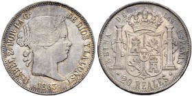 SPANIEN 
 Königreich 
 Isabella II. 1833-1868. 20 Reales 1863, Madrid. 25.92 g. C.T. 176. Dav. 334. Selten. Fast vorzüglich.