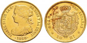 SPANIEN 
 Königreich 
 Isabella II. 1833-1868. 10 Escudos 1868, Madrid. 8.39 g. C.T. 46. Schl. 267. Fr. 336. Fast FDC.