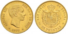 SPANIEN 
 Königreich 
 Alfonso XII. 1874-1885. 25 Pesetas 1877 (1877), Madrid. 8.07 g. Cayon 17525. Schl. 278. Fr. 342. Vorzüglich- FDC.