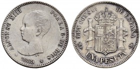 SPANIEN 
 Königreich 
 Alfonso XIII. 1886-1931. 1 Peseta 1889, Madrid. Mmz. MPM. 4.92 g. C.T. 37. Sehr selten. Fast vorzüglich.