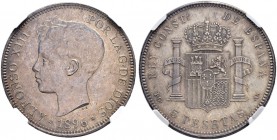 SPANIEN 
 Königreich 
 Alfonso XIII. 1886-1931. 5 Pesetas 1896, Madrid. Mmz. PGV. C.T. 25. Dav. 344. NGC MS 63. FDC.