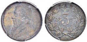 SÜDAFRIKA 
 Zuid Afrikaansche Republiek, 1852-1902. 3 Pence 1897. KM 3. PCGS MS 64. FDC.