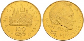 TSCHECHOSLOWAKEI 
 Republik 
 Goldmedaille (100 Korun) 1969. Auf den 100. Todestag von J. E. Purkyne. 28.71 g. Vorzüglich-FDC aus Polierter Platte.