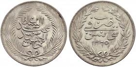 TUNESIEN 
 Abdul Mejid, 1839-1859. 5 Piastres 1853 (1269 AH). 15.59 g. KM 108. Gutes vorzüglich.