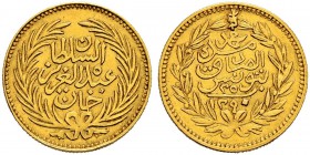TUNESIEN 
 Mohammed al-Sadik, 1859-1882. 25 Piastres 1873 (1290 AH). Unter Abdul Aziz. 4.81 g. KM 148. Fr. 5. Gutes sehr schön.