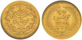 TUNESIEN 
 Ali Bei, 1882-1902. 15 Francs / 25 Piastres 1891 (1308 AH), Paris. Schl. 613. KM 214. Fr. 11. NGC MS62. FDC.